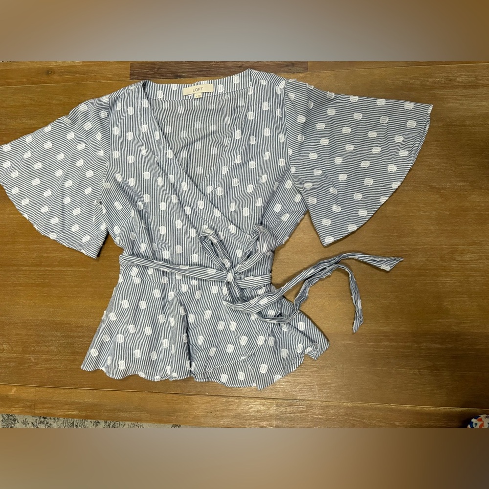 LOFT Striped Blue and White Wrap Blouse - Picture 1 of 8